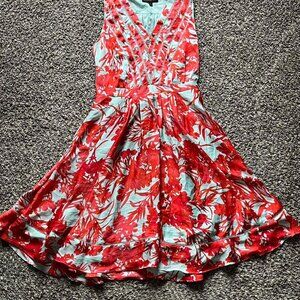 Banana Republic Dress Women 6 Floral Red Blue Midi Sleeveless Pockets Cottagecor